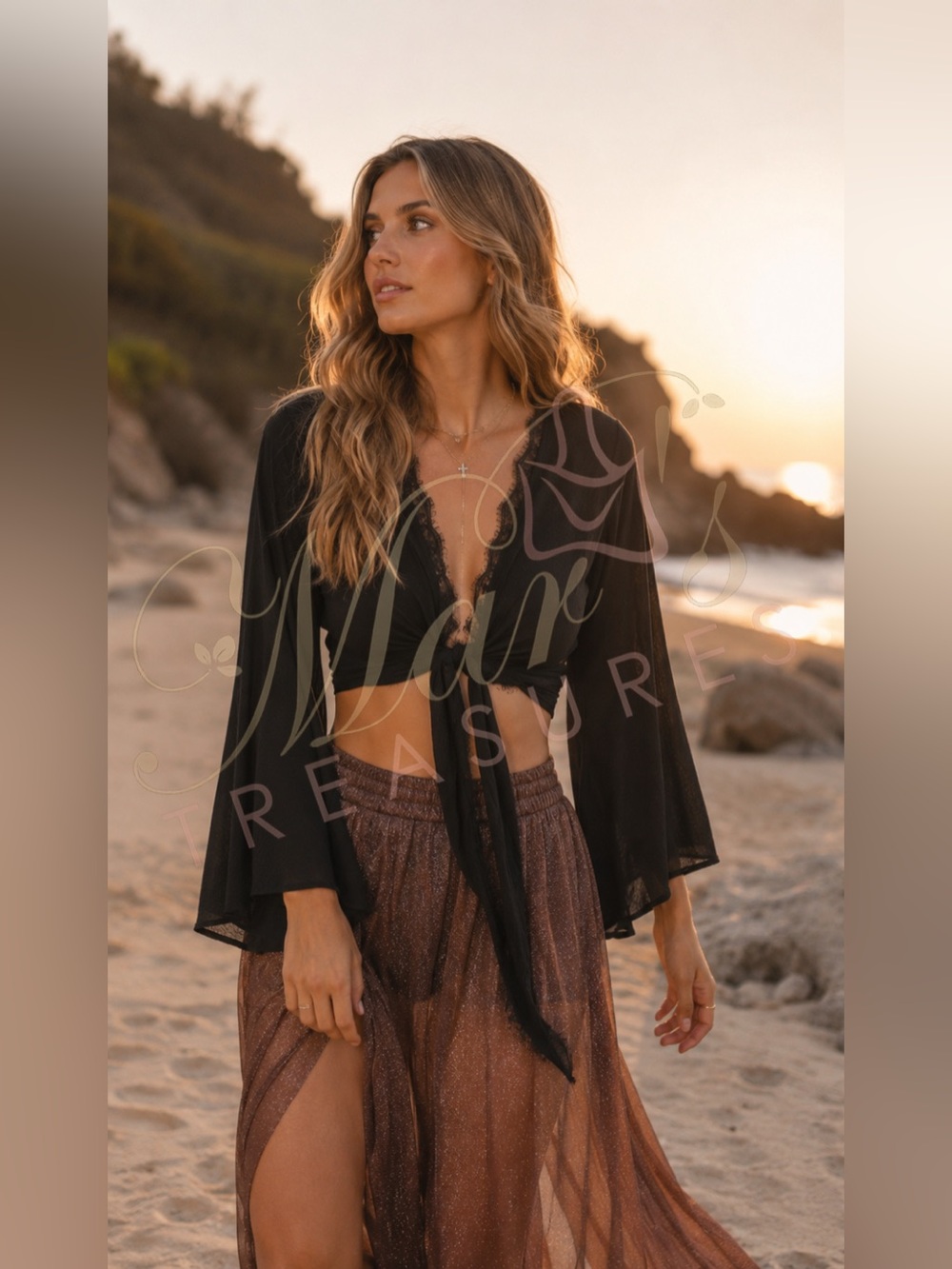 Eastnwest Black Cropped Tie Top Bat Sleeves Boho